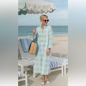 New Sail To Sable Sz XL The Button Front Caftan in Cool Blue Cabana Stripe